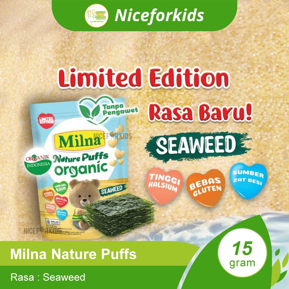 MILNA Nature Puffs Organic 8+ Rasa Seaweed 15gr / Milna Puff Cemilan Bayi Organic Rasa Rumput Laut