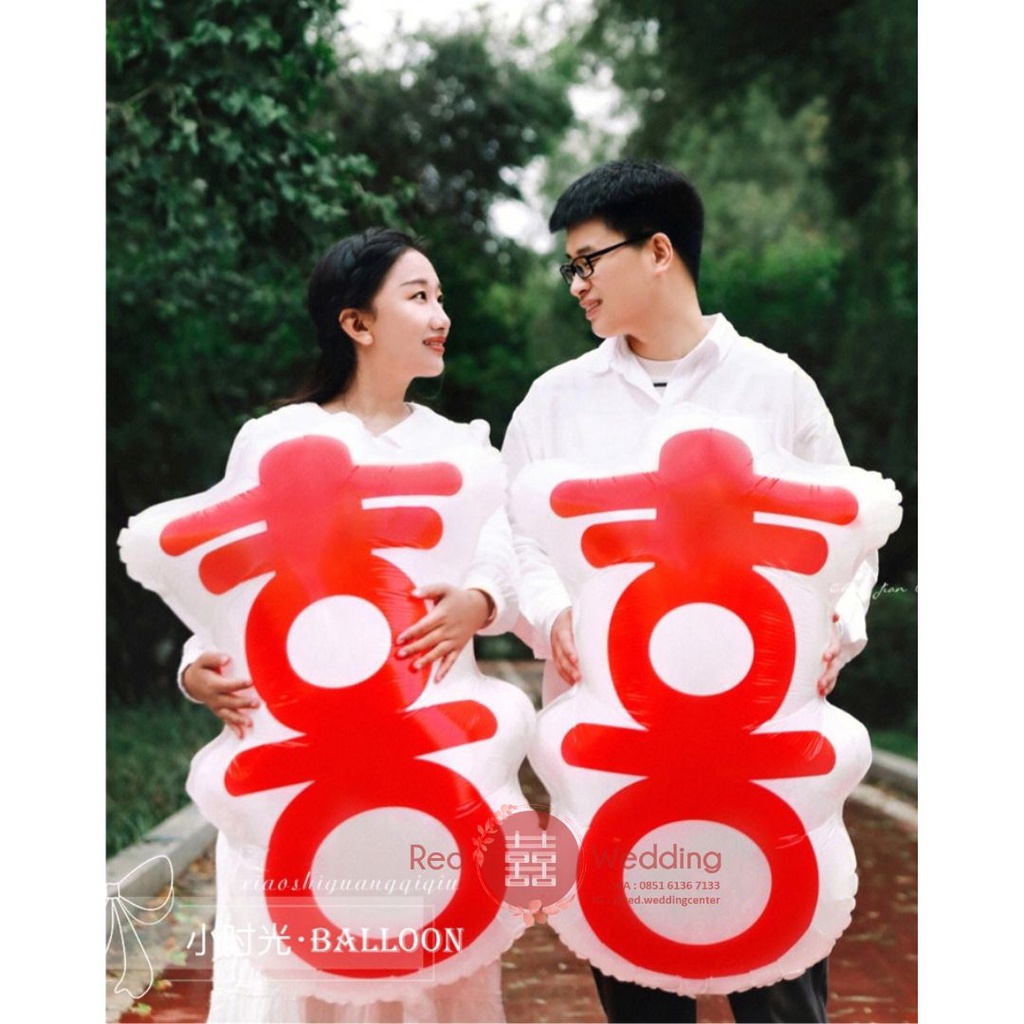 Balon Besar Putih Motif SHUANG XI Merah Pesta Estetik Foto Prewedding Dekorasi isi 2pcs