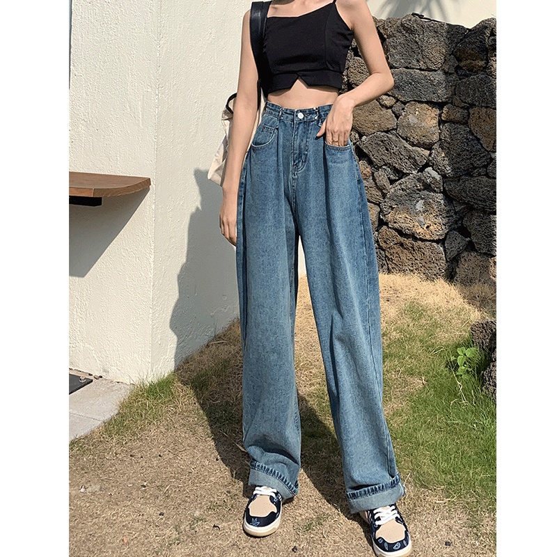 EUNII Celana Jeans Wanita Boyfriend Celana Panjang Jeans Loose High Waist Korean style