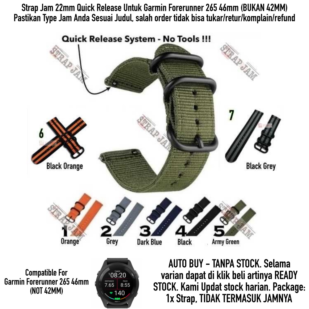 STT Stitching Strap Garmin Forerunner 265 46mm - Tali Jam Tangan 22mm Nato Nylon 3 Black Buckle