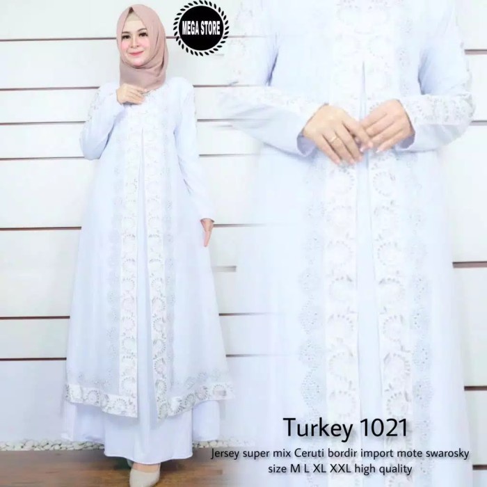BAJU MUSLIM WANITA GAMIS DRESS ABAYA TURKEY ARAB BORDIR PUTIH 1021