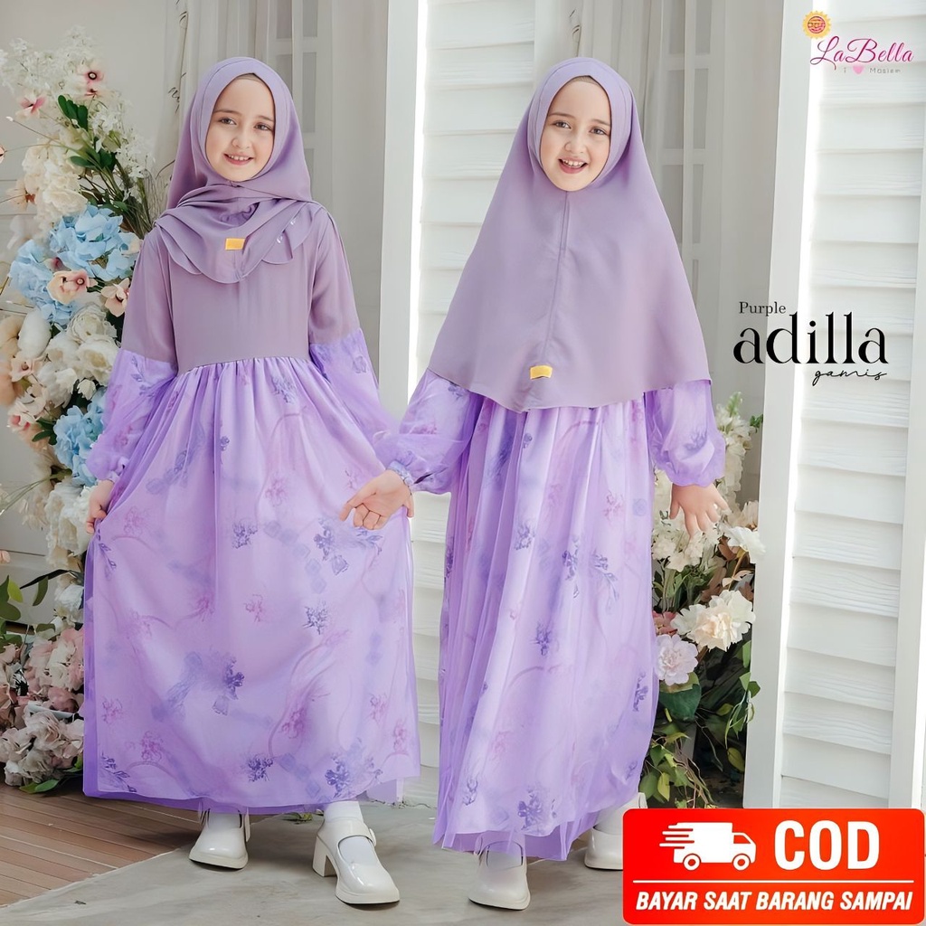 LABELLA GAMIS LEBARAN ANAK PEREMPUAN REMAJA USIA 6 - 14 TAHUN ADILLA SERIES DRESS MUSLIM LENGAN BALO