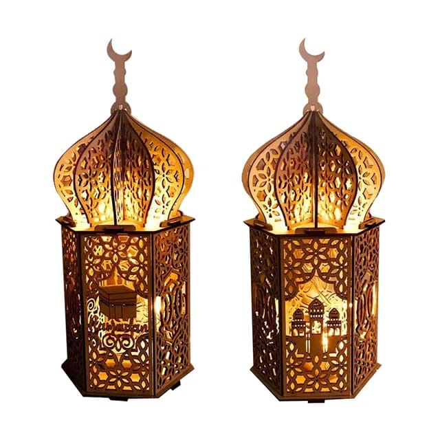 Lampu LED Dekorasi Eid Mubarak Lampu Lentera LED Kayu Lebaran Ramadan Bahan Kayu DIY