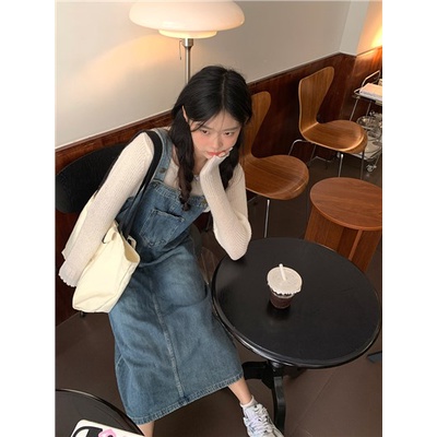 Red Kumikumi biru retro old denim suspender rok wanita musim gugur longgar all-match dress mid-length rok