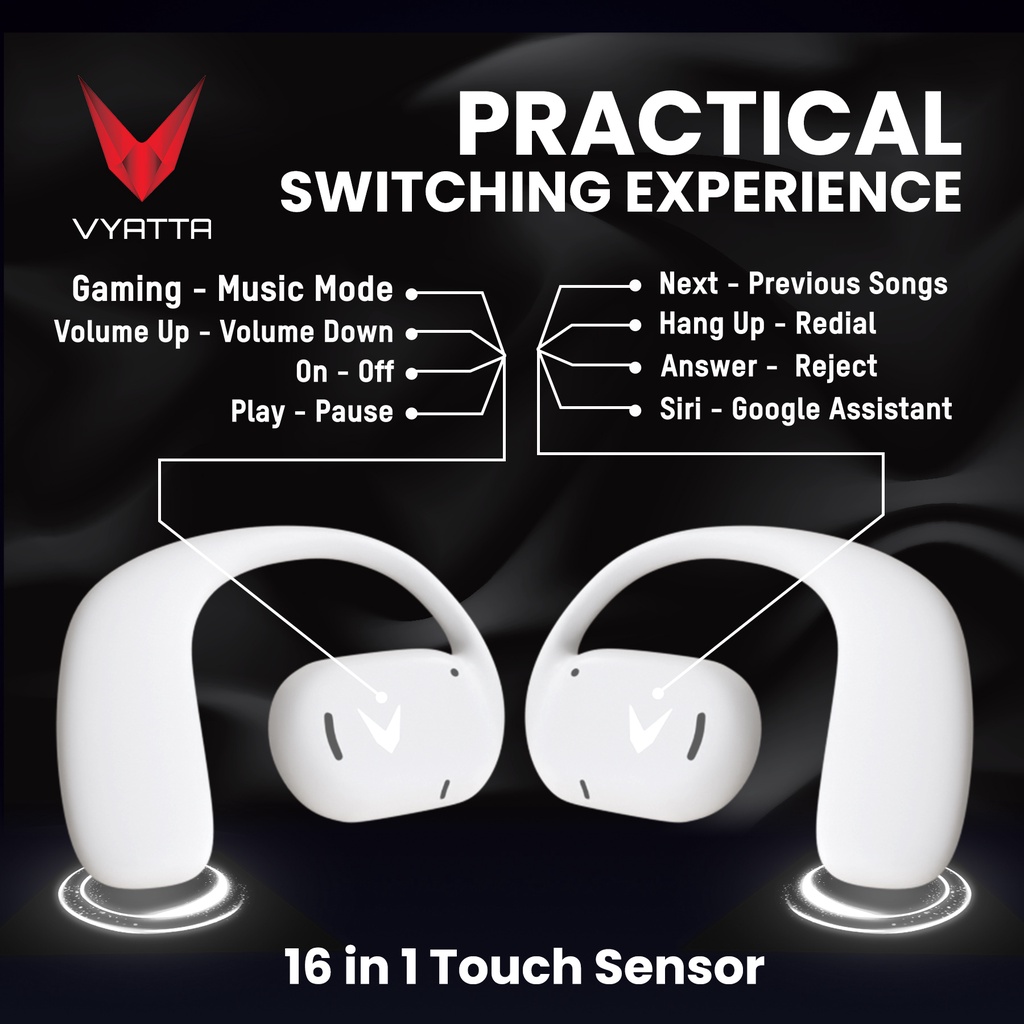 VYATTA AIRBOOM AIR TWS OWS BLUETOOTH HEADSET EARPHONE OPEN AIR CONDUCTION GAMING MODE 45MS AAC