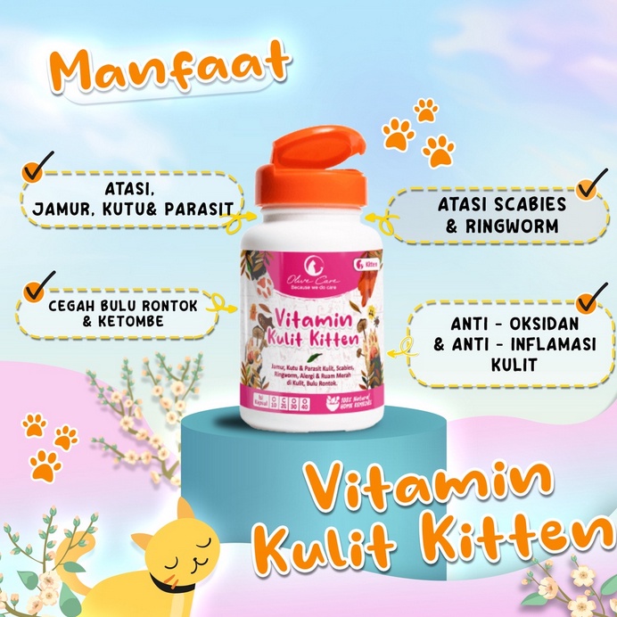 Olive Care Cat Vitamin Kucing Masalah Kulit Kitten Untuk Bulu Rontok, Jamur, Kutu, Scabies, Ringworm, Ruam dan Radang Kulit