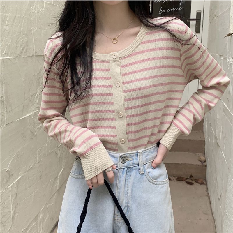 Cardigan Sweater Motif Garis Fashion Korean Crop Long Sleeve Knit Top Atasan Korean Style Wanita