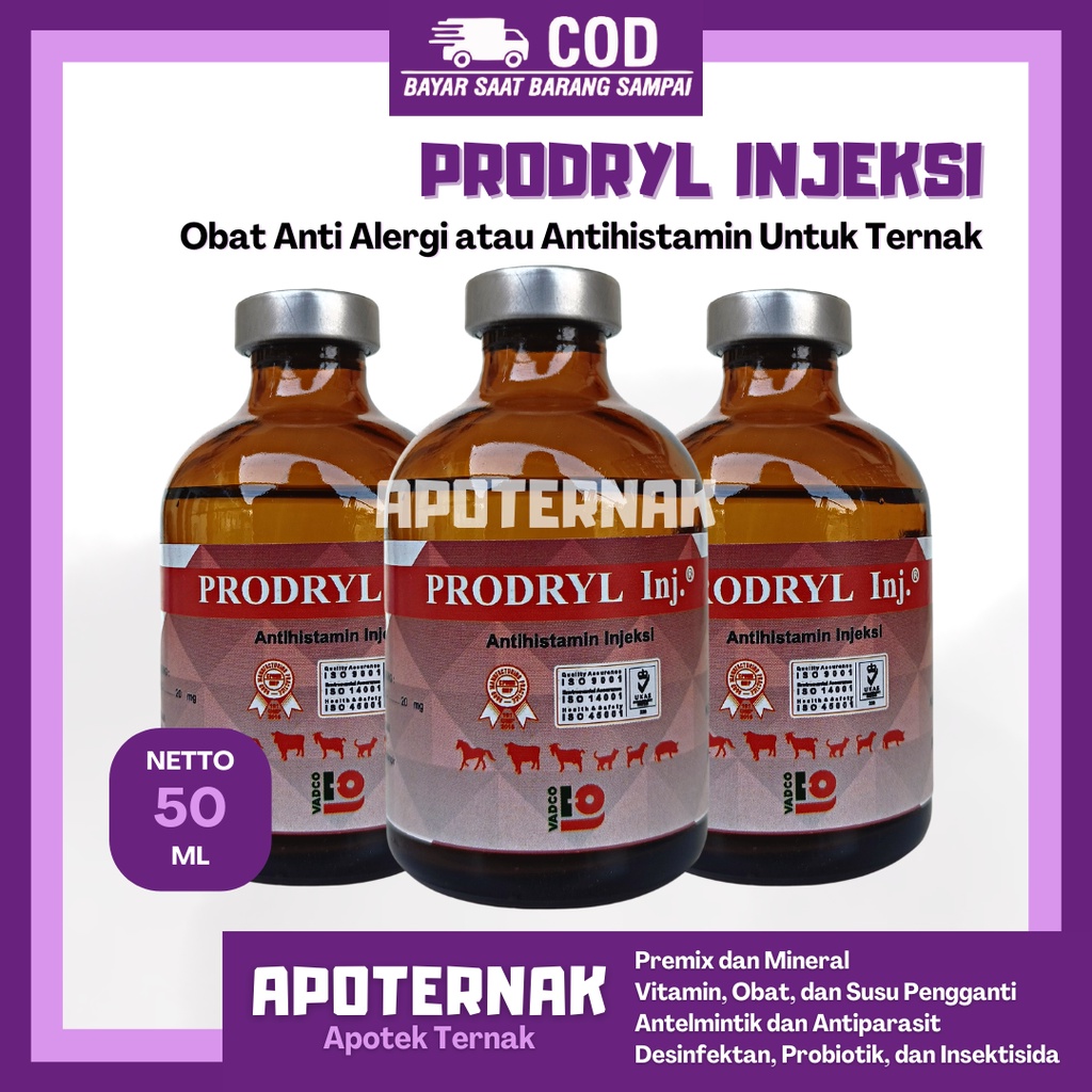 PRODRYL Injeksi 50 mL | Antihistamin Anti Alergi (Mirip Vetadryl Sanbe) | Untuk Sapi Kambing Kuda Anjing Kucing | VADCO | Apoternak