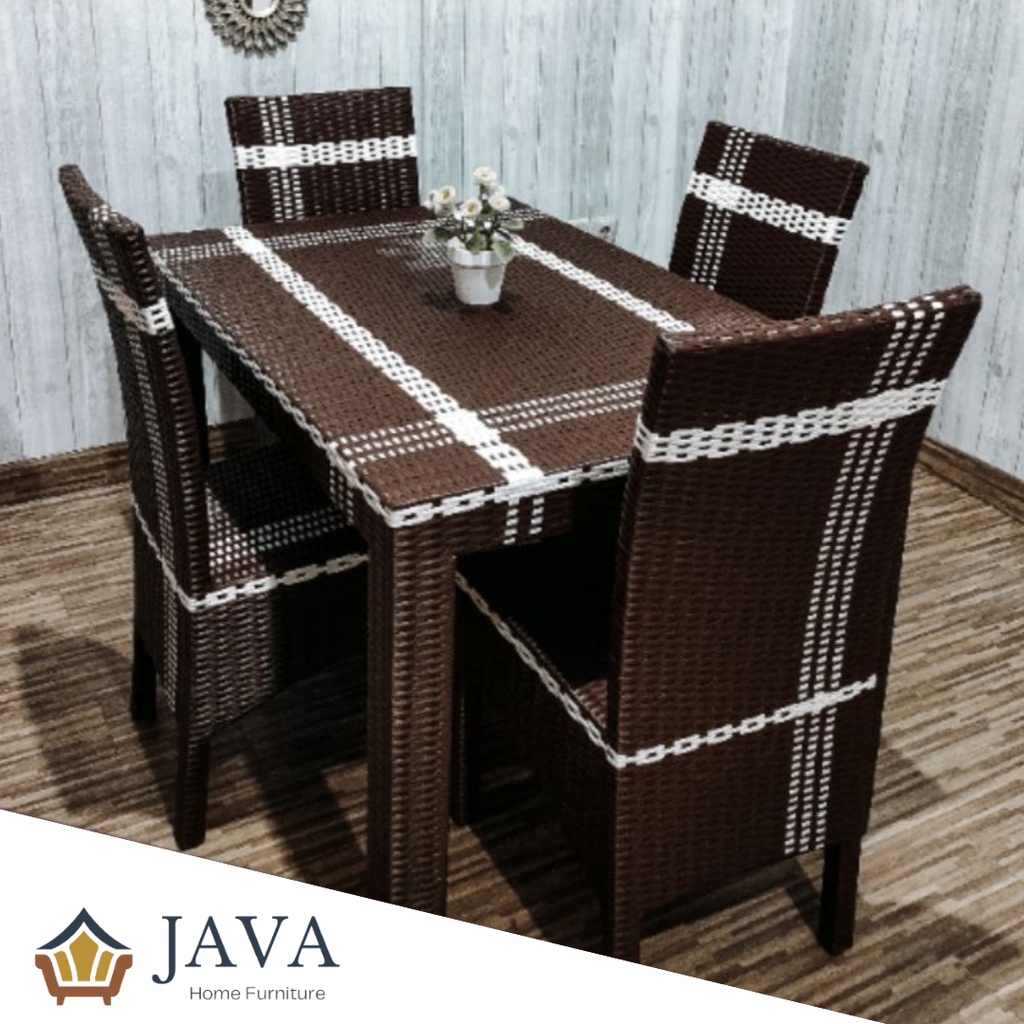 (FREE ONGKIR) Set Meja Makan 4 Kusi Rotan Sintetis + Jok - Java Home Furniture X Aestetica Rotan