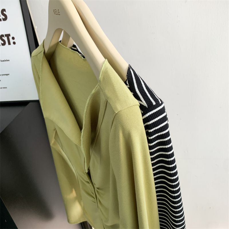 Red Spice Girl Sweetheart Stripe/Mustard Yellow V-Neck Fold Slim T-Shirt Lapel Cardigan Pendek