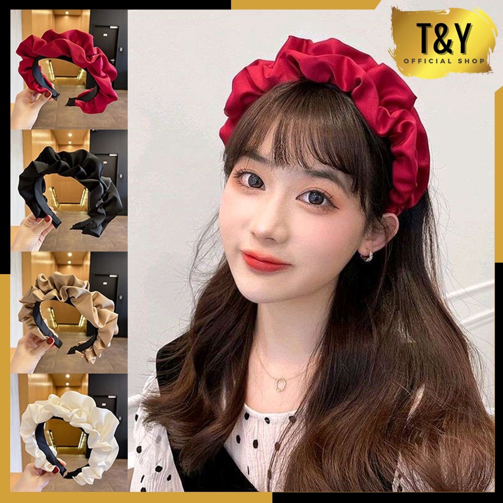 T&amp;Y Bando Kain Kerut Lebar Satin Besar Korea Headband Ruffle Bandana Polos Wanita Bando Kain Scrunchie Fashion