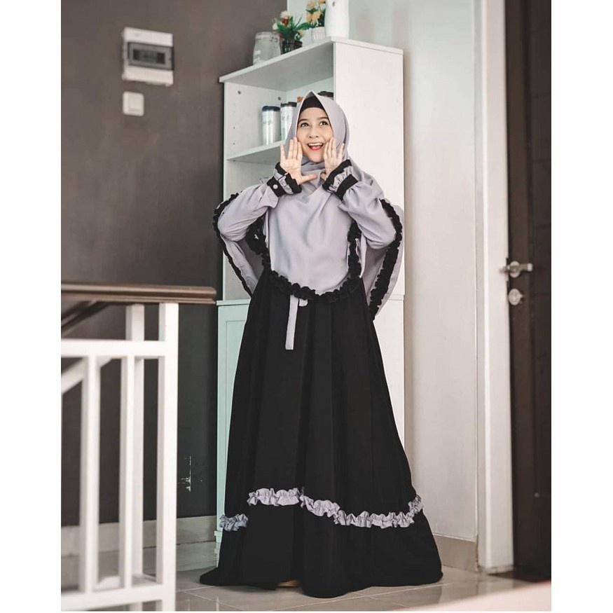ARSYIRA  - Bisa COD Gamis Baju Dress Syari Busui FREE HIJAB Renda Bawah Bergo Muslim Wanita Seragaman Nikahan Pengajian Kekinian Warna 2 kombinasi Polos Abu Abu Muda Hitam Black