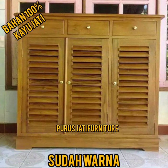 PJ1 Rak Sepatu 3 Pintu Bahan Kayu Jati Model Tempat Sandal Minimalis Murah - BELUM WARNA