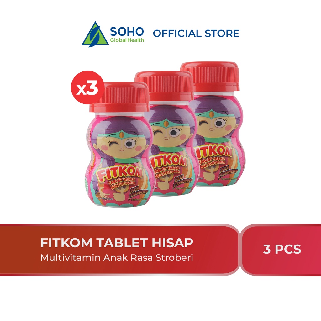 Fitkom Vitamin Anak - Tablet Hisap Rasa Strawberry Obat Multivitamin 3 Pcs