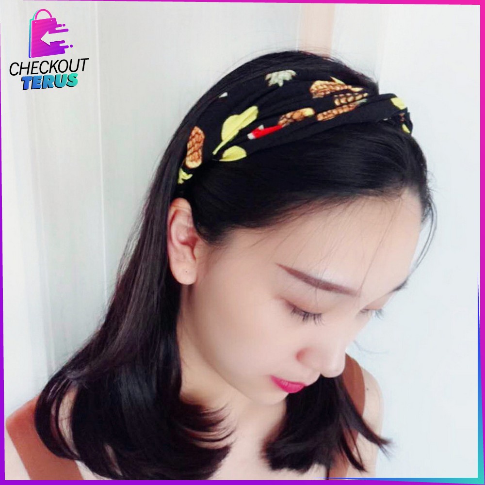 CT C64 Bando Wanita Korean Style Model Turban Karet Bahan Kain Motif Buah Bandana Simpul Kekinian Import