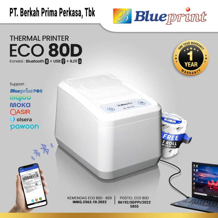 Printer thermal blueprint eco bluetooth wired Usb-B rj11 80mm for receipt cashier ticket toll parking bp-eco80d 80d