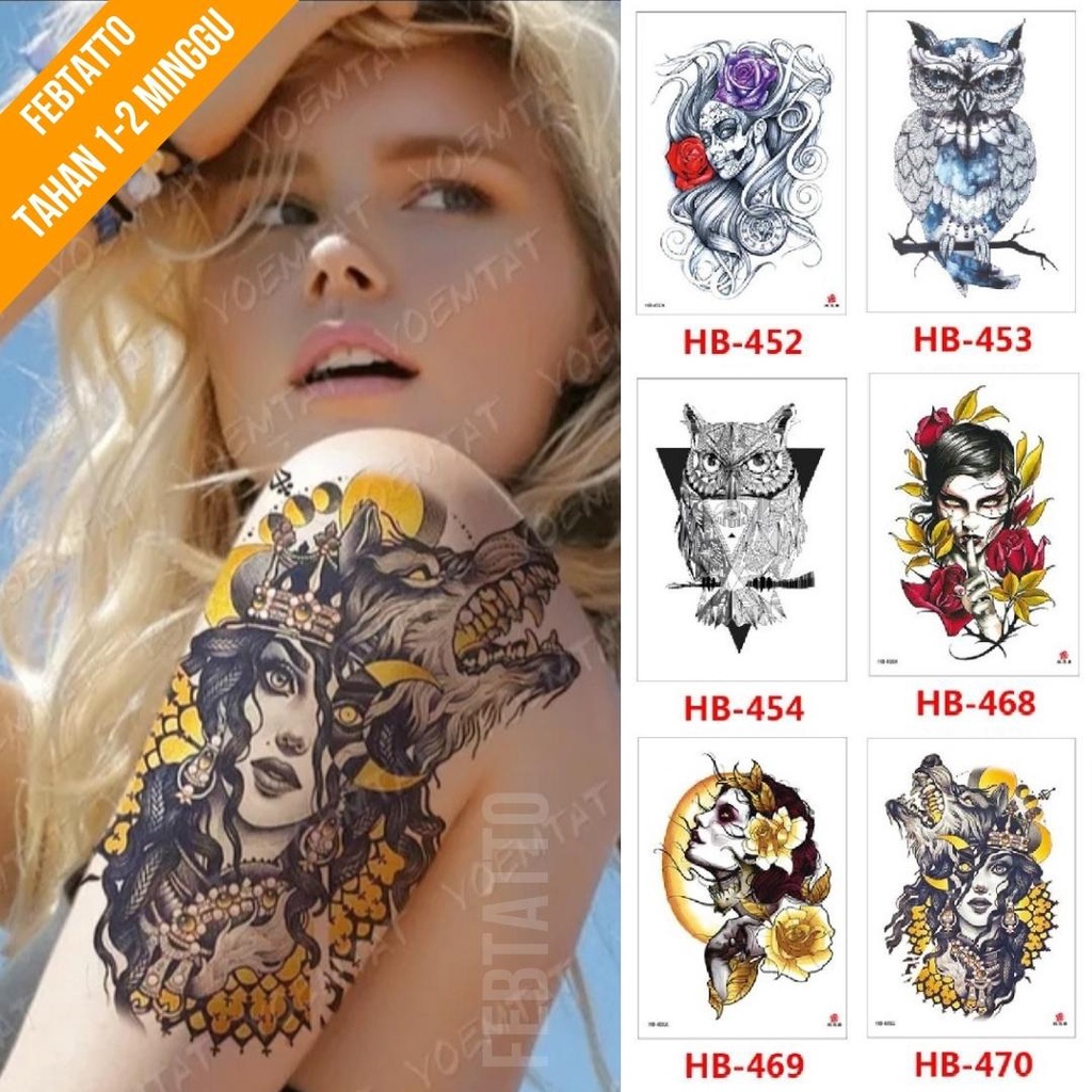 Tato Temporer Ukuran 21cmx15cm Motif Aesthetic Tatto Temporary Stiker Tato Halal Grosir Tato air motif perempuan, burung hantu, bunga, serigala HB 470