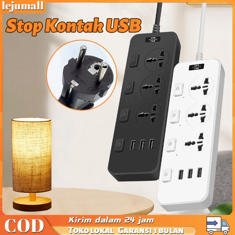 Soket Stop Kontak USB dengan Sakelar Independen dengan 3 Port USB Bercahaya dengan Kabel 1.8M