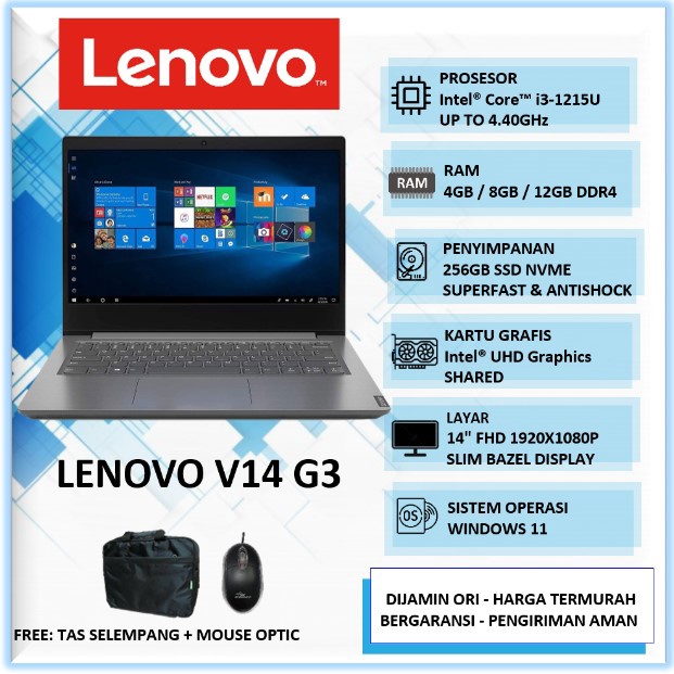 Laptop Baru Lenovo V14 G3 Intel Core i3 Gen 12 Ram 8GB SSD 512GB 14" FHD Windows 11 Home