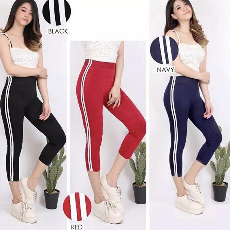 PALING LARIS Legging 7per8 List Putih Legging Import 788 Celana Legging Wanita | Legging Jumbo | Leg