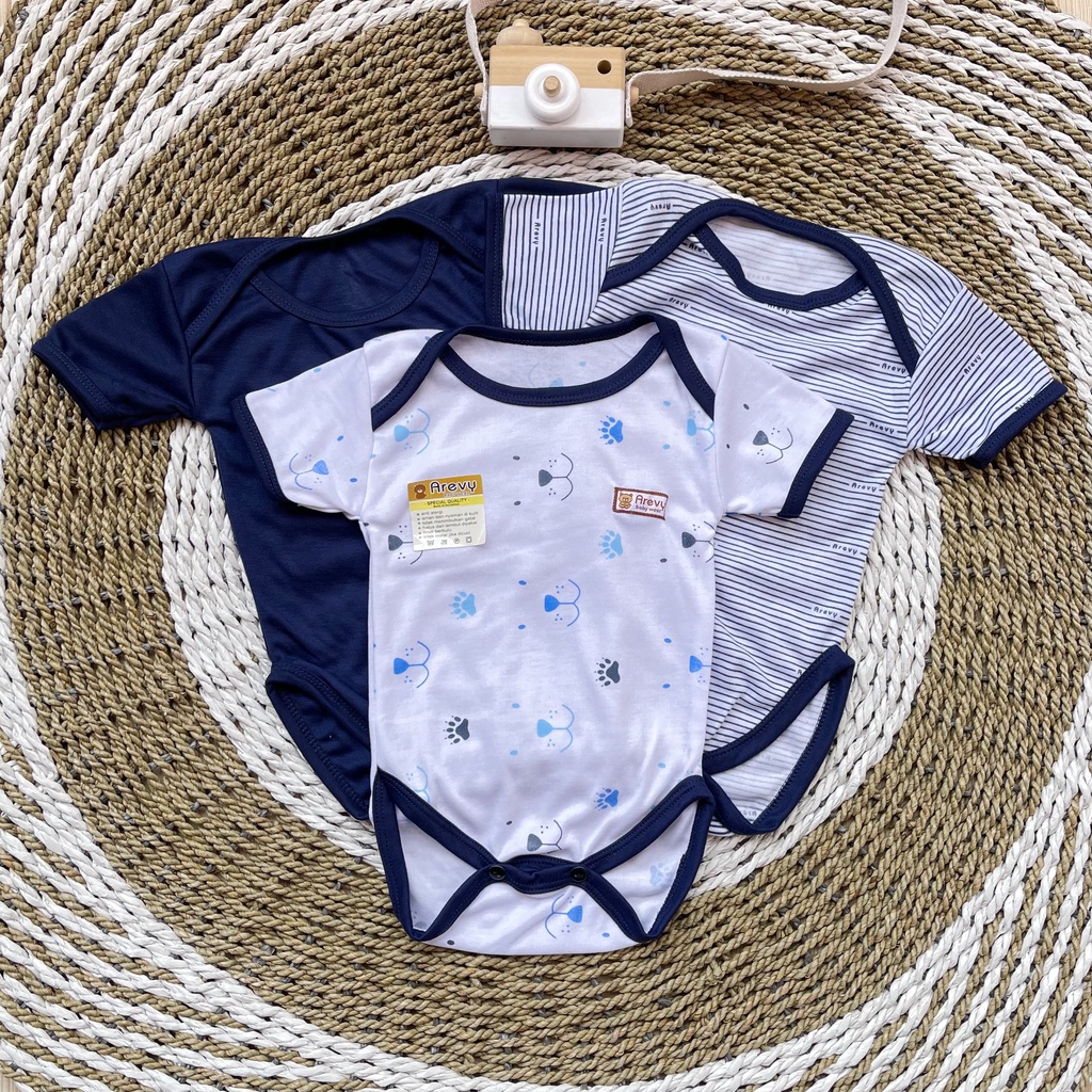 Bodysuit / Jumper Pendek / Baju Kodok Bayi Segitiga Arevy Babywear 3 Pcs Seri Navy 0-6 Bulan Katun Best Seller Baby Newborn