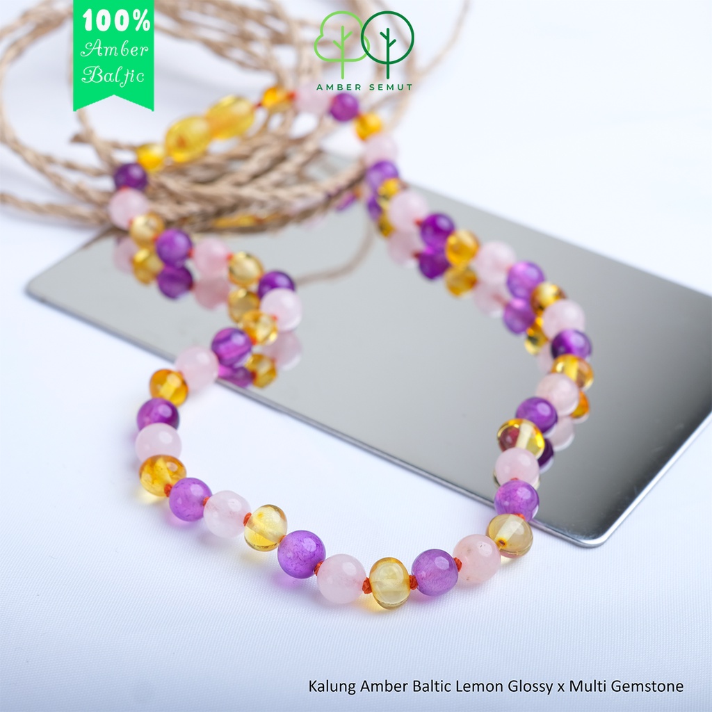 Kalung Amber Baltic Lemon Glossy X Multi Gemstone by Amber Semut