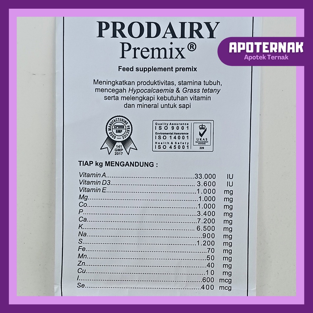 PRODAIRY PREMIX 1 Kg | Vitamin Mineral Untuk Sapi Perah | Premix Sapi Perah | Mineral Sapi