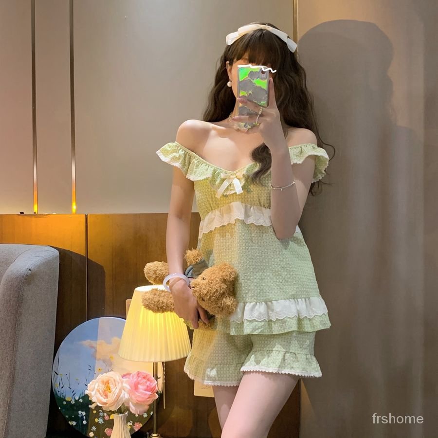 Dengan piyama bantalan dada wanita musim panas Jepang manis gadis-gadis lingkungan renda lengan terb