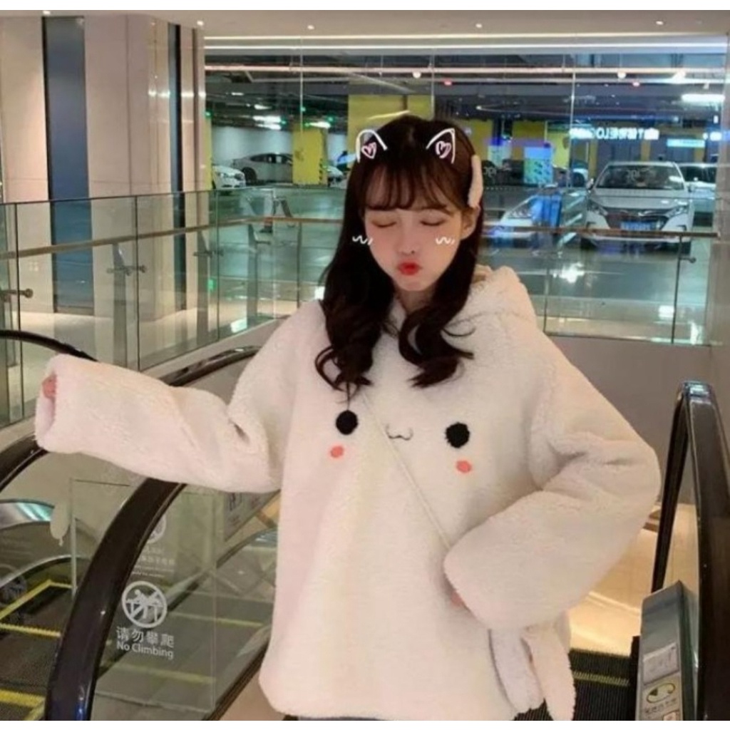 EAR RABBIT HOODIE WANITA BAHAN FLEECE KOREAN FASHION OUTFIT SANTAI KEKINIAN