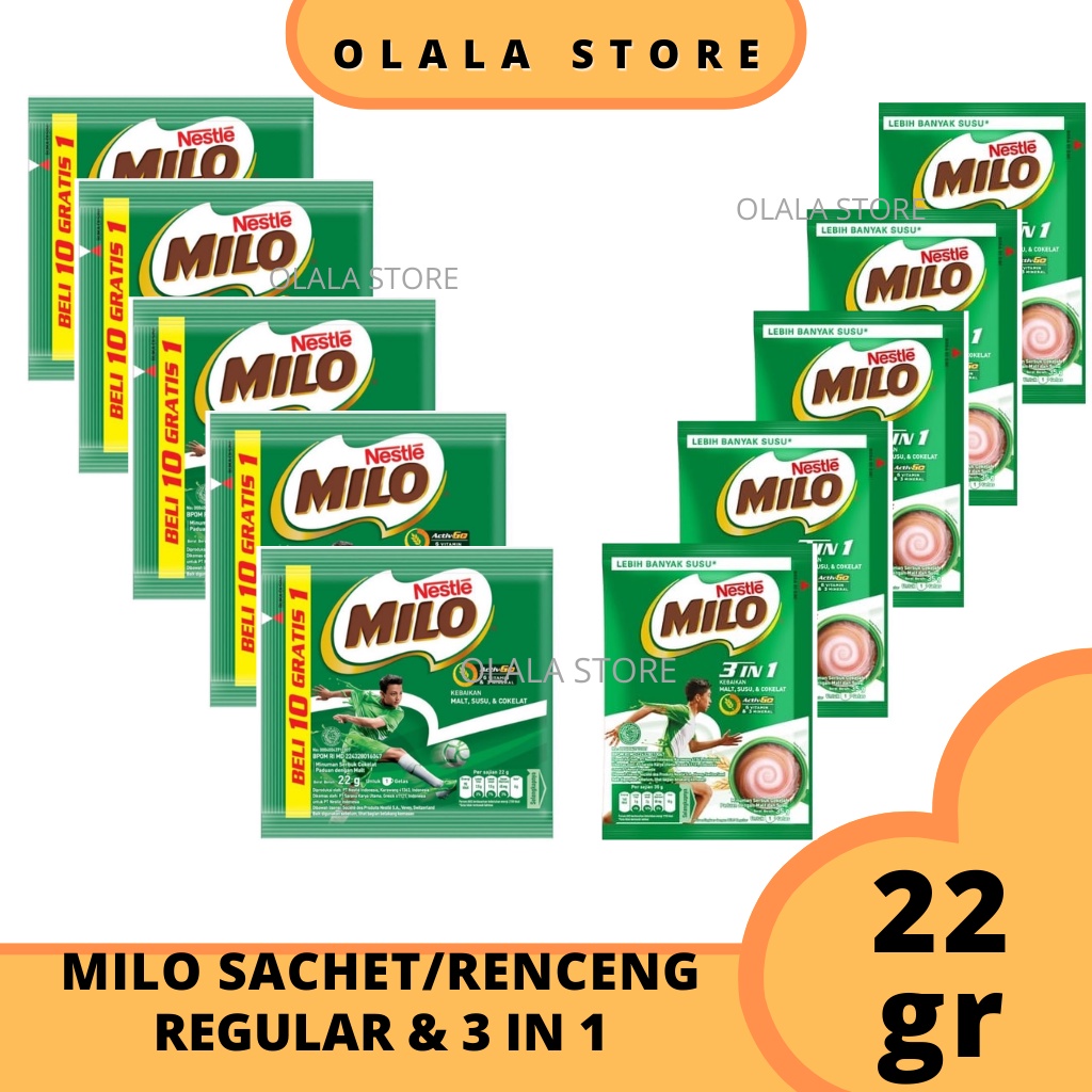 Susu Bubuk MILO Activ-Go Sachet 22gr - 1 Renceng (10 Sachet Free 1 Sachet ) /  3 IN 1 ( 10 Sachet ) Susu Anak