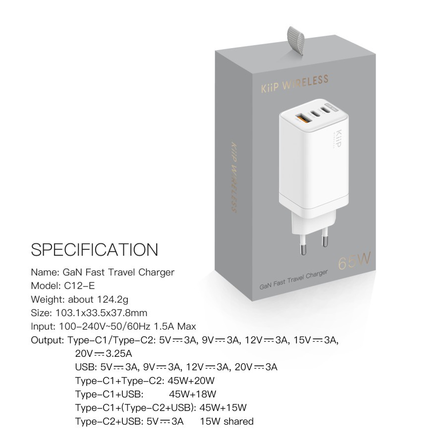 KIIP C12 GaN 65W Adapter Charger Fast Charging PD QC - Dual Type C + USB Port