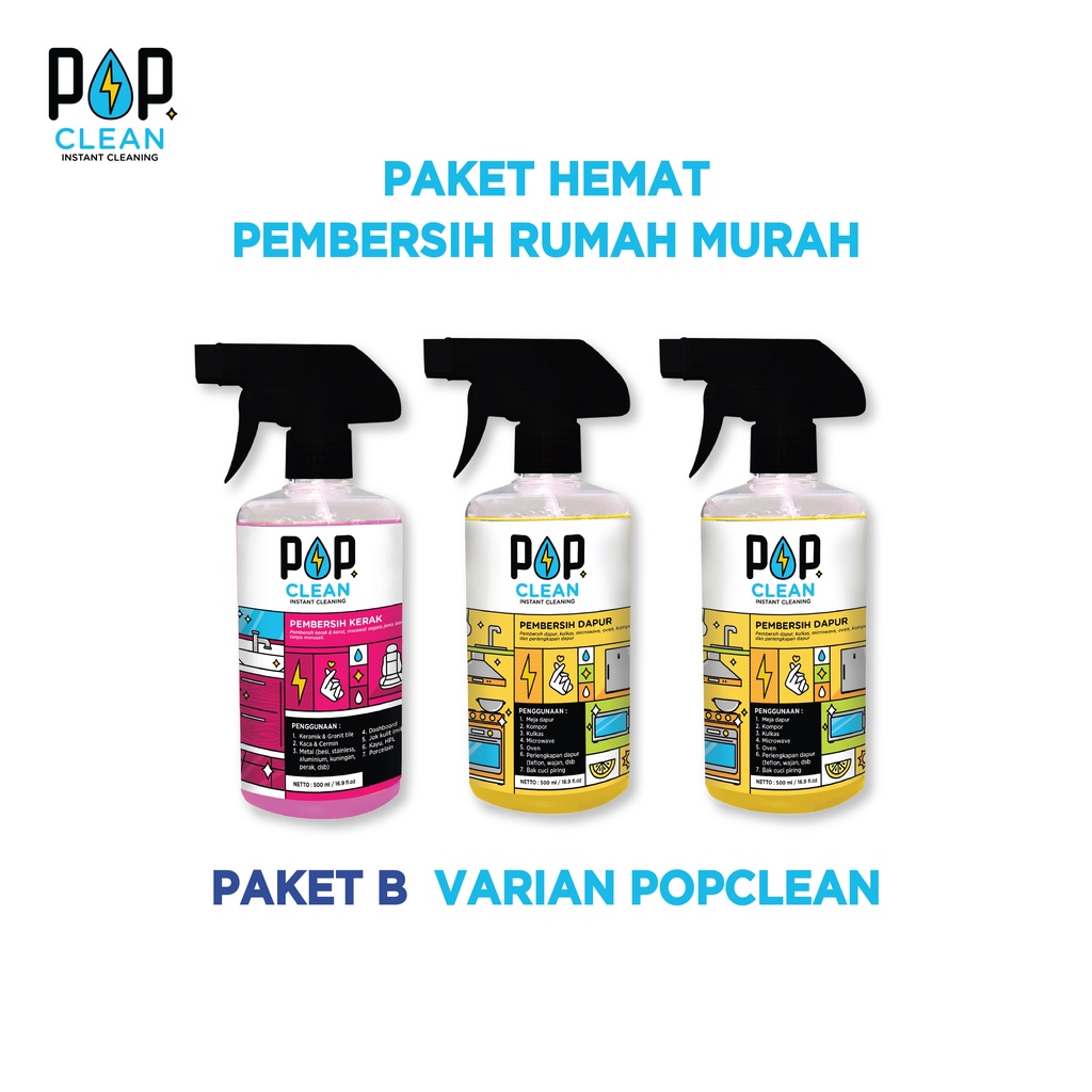 PAKET HEMAT PEMBERSIH RUMAH MURAH POPCLEAN 1 BOTOL PEMBERSIH SERBAGUNA , 2 BOTOL PEMBERSIH DAPUR