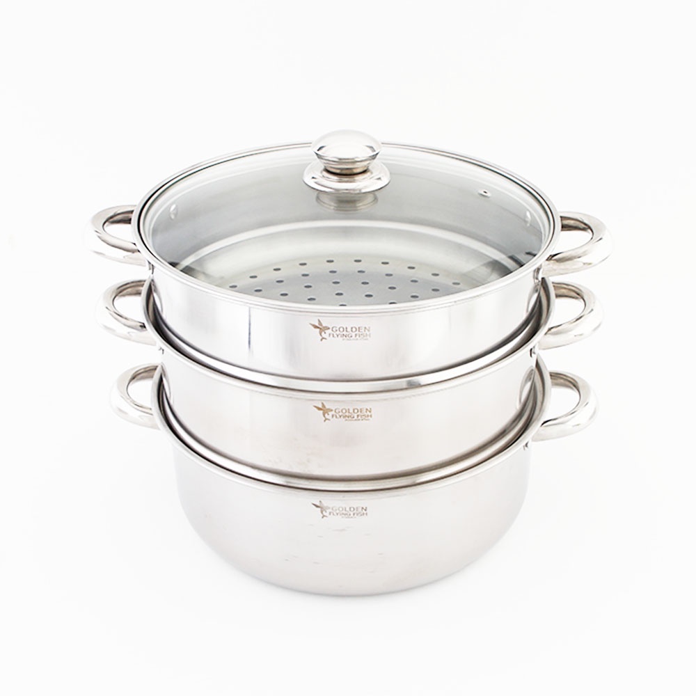 Golden Flying Fish Steamer Set Stainless Steel 3 susun 30 cm Tutup Kaca | Panci Kukusan Pengukus Pre