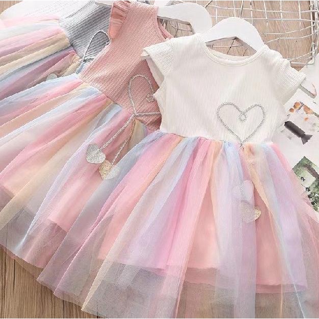 Dress tutu rainbow anak import gaun putih pink biru casual hati impor