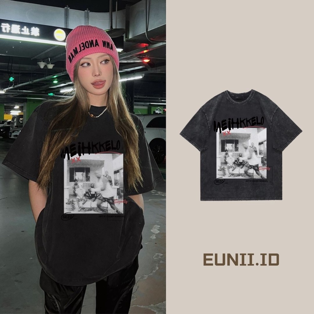 EUNII T-shirt Lengan Pendek Black Washed Retro Printing Korean Style/Kaos Atasan Wanita/Atasan Wanita