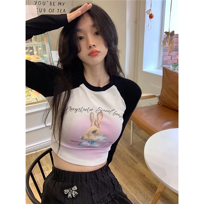 Red American Retro Kelinci Cetak Leher Bulat Lengan Panjang T-shirt Musim Gugur Bagian Pendek Slim Slim Belly Button Top Wanita