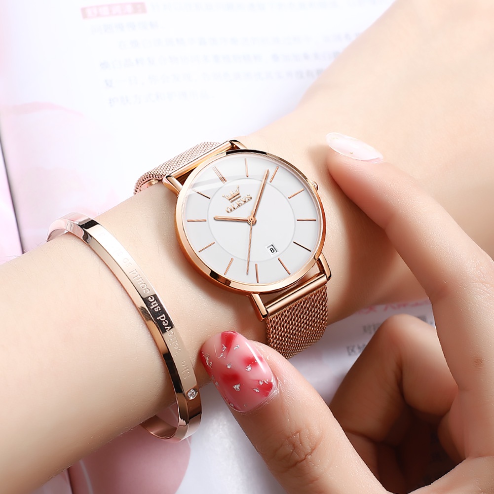 OLEVS Jam Tangan Wanita Anti Air Original Asli Dengan Tanggal Ultra-thin Rose Gold Jepang Quarz Women Watch