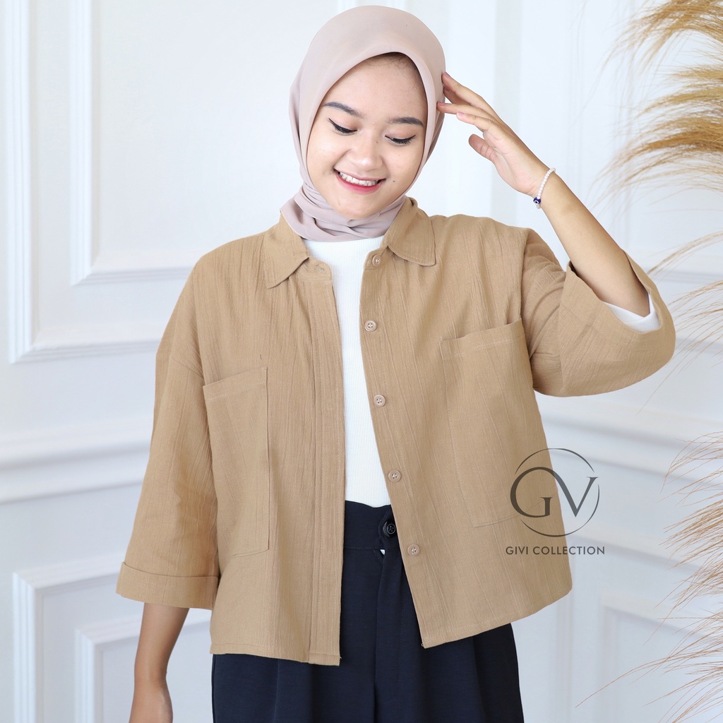 vivi shirt crop | kemeja linen crinkle | atasan korean style | kemeja oversize