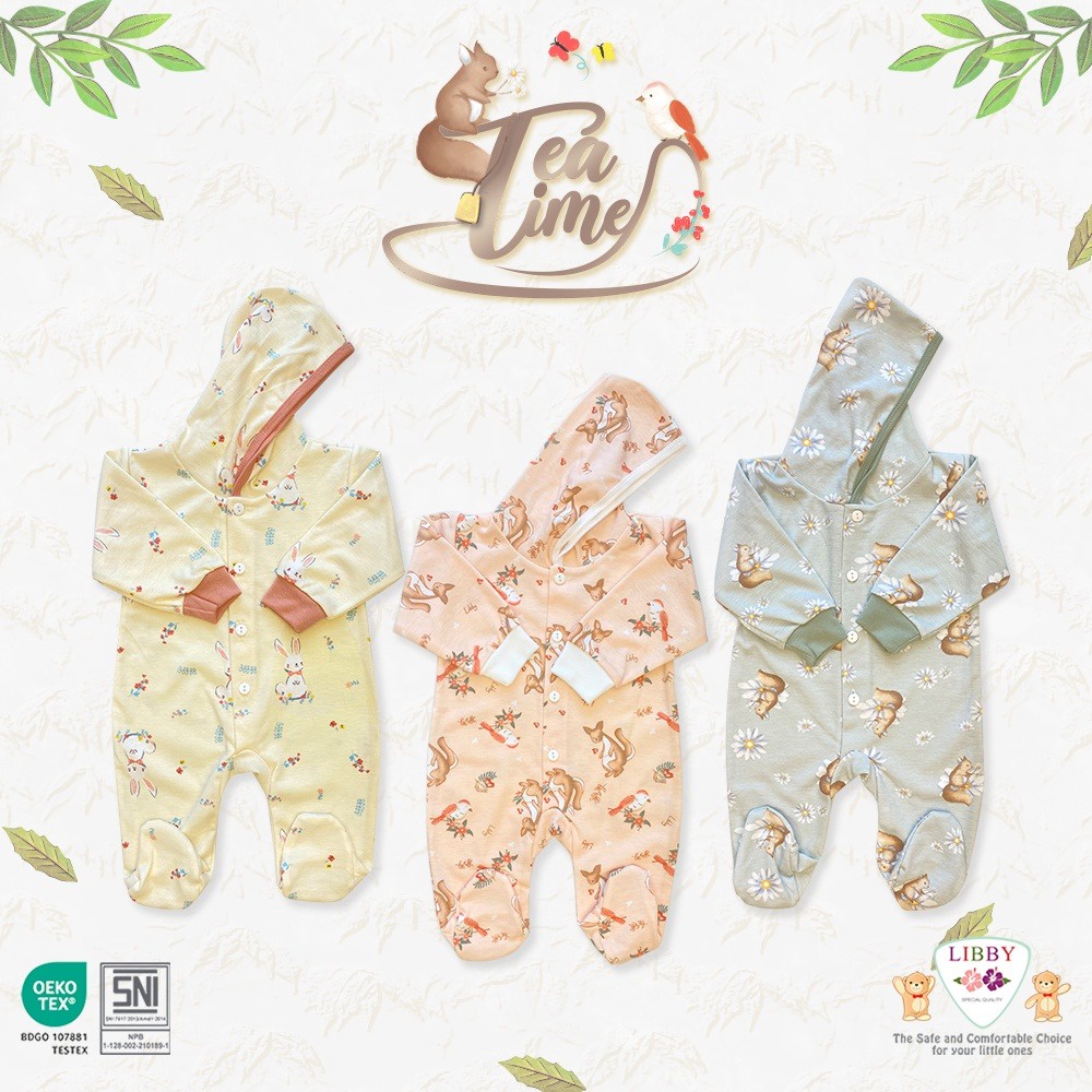 Libby Baju Kodok Topi Buka/Tutup Kaki (3 Pcs) Tea Time Series - Sleepsuit Bayi