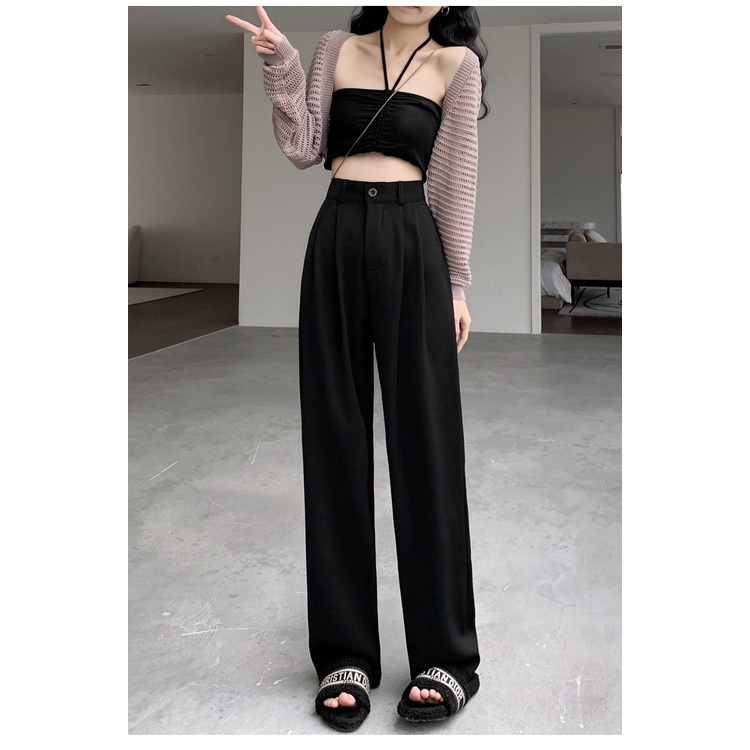 EUNII Celana Panjang Putih Casual Straight High Waist Pants Korean Style