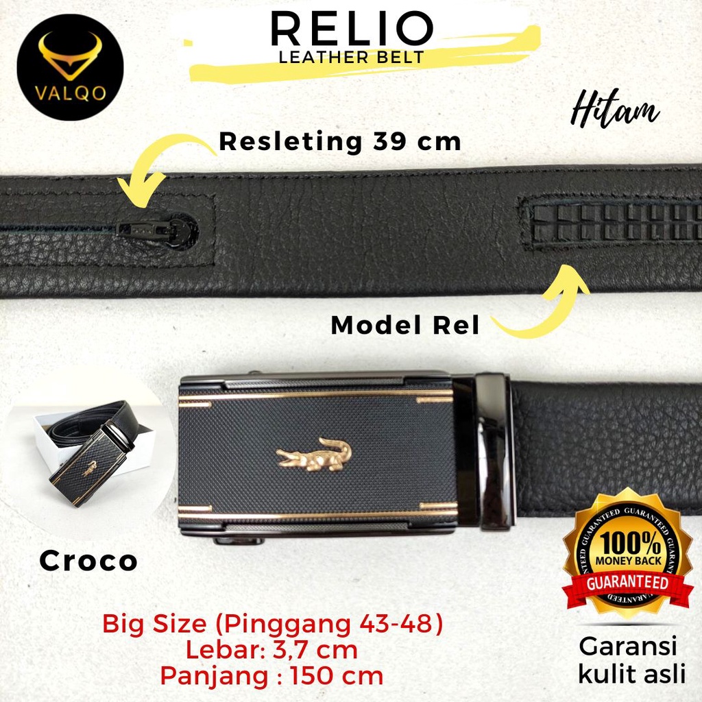 [VALQO] RELIO Resleting 150 CM Hitam Ikat Pinggang kulit sapi Rel Sabuk Cowok Pria Ukuran Besar Big Size