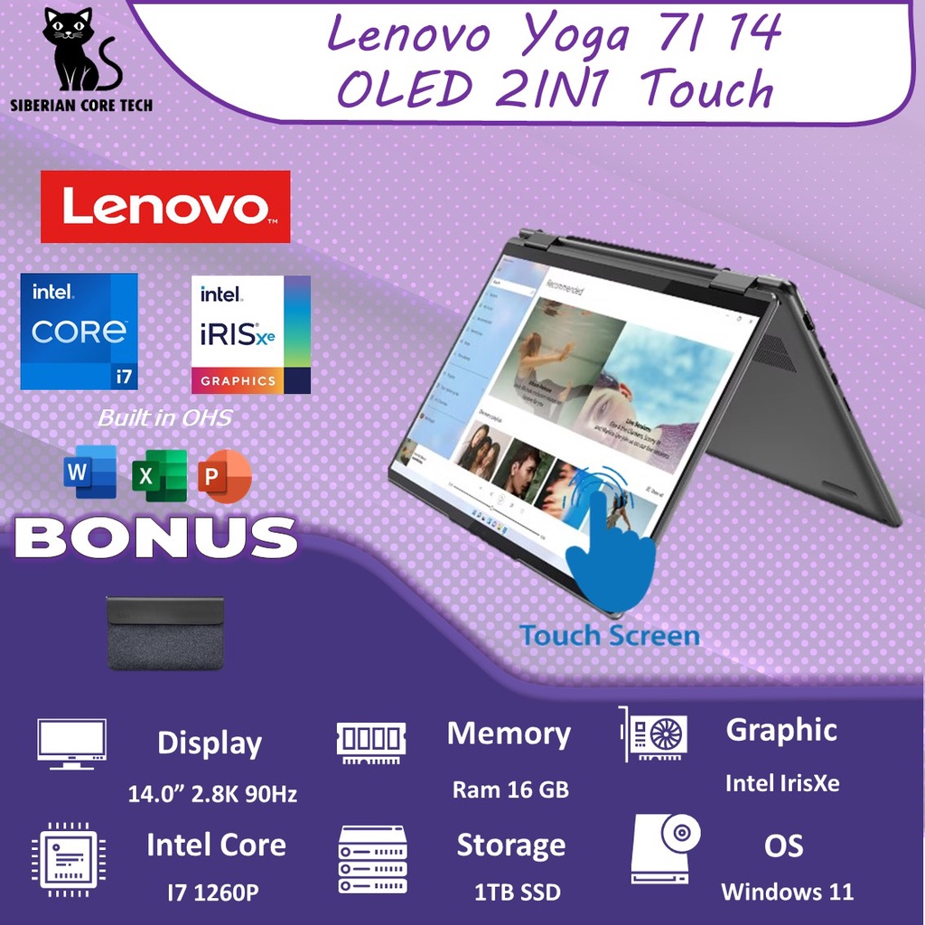 LENOVO YOGA 7I 14 OLED TOUCH I7 1260P 16GB 1TBSSD IRISXE W11+OHS 14.0 2.8K 90HZ 100DCIP3 2IN1 BLIT PEN 3YR PREM+3ADP GRY -3SID