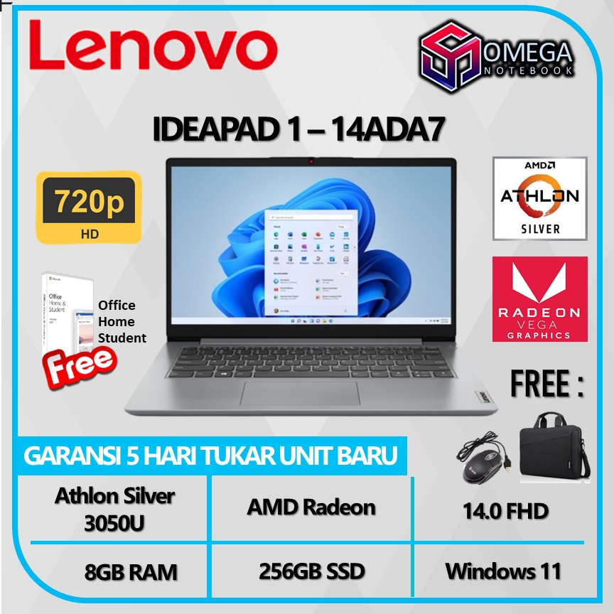 Lenovo Ideapad 1 14ADA7 Athlon Silver 3050U 8GB 256GB Radeon 14,0 HD Windows 11 + OHS