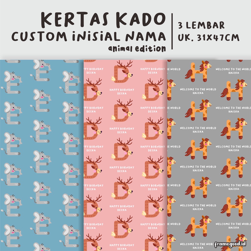 

KERTAS KADO CUSTOM INISIAL animal edition (3 lembar A3+) / graduation wedding birthday lebaran ulang tahun anniversary idul fitri natal hampers kenangan