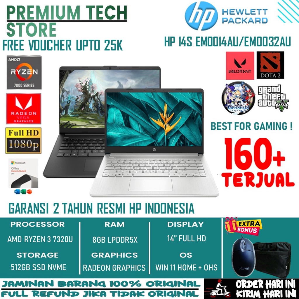 Laptop HP 14s EM0014AU/EM0032AU AMD RYZEN 3 7320U 8GB 512GB SSD WINDOWS 11 + OHS