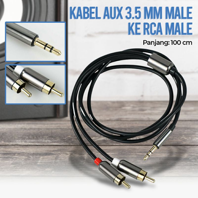 Kabel Aux 3.5 mm Male ke RCA Male 100 cm Speaker Audio Laptop PC Hp