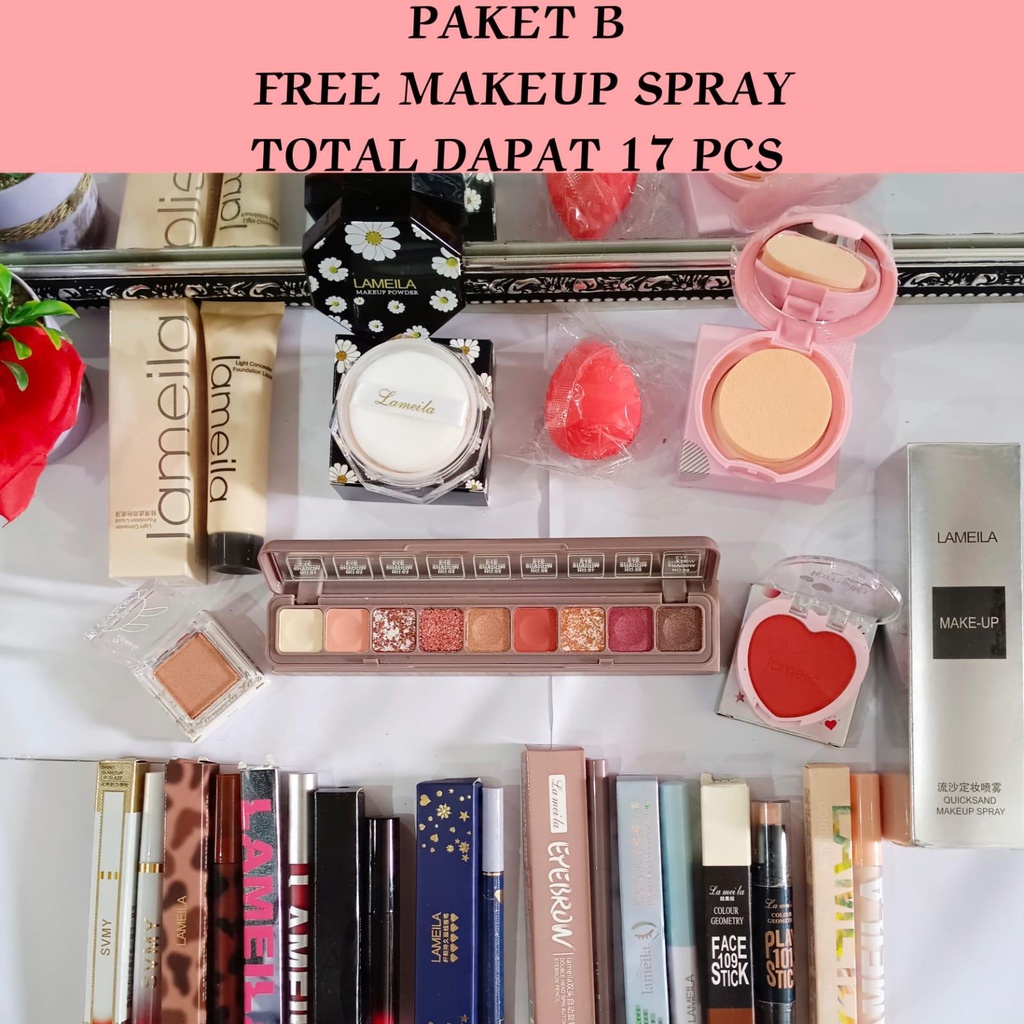 PAKET B MAKE UP SET KOSMETIK LENGKAP 17 ITEM (FREE MAKEUP SPRAY)