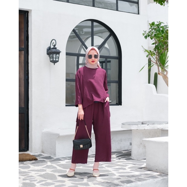 JOSHIN Viza Oneset Oblong Neck Crinkle Poly | Setelan Wanita Oblong Lengan Panjang