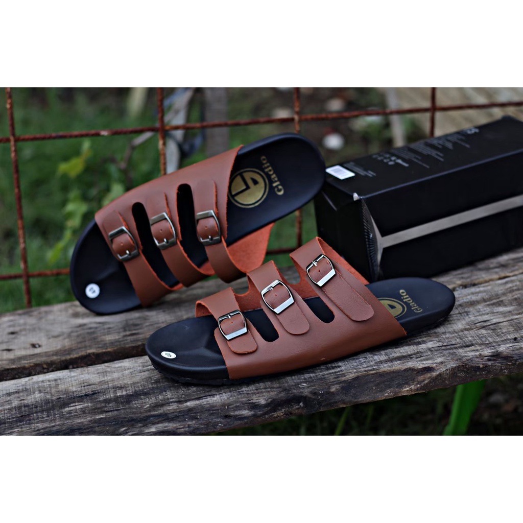 Fatimahshoes Sandal Slide kulit Kasual Santai Fashion Pria Tan Hitam