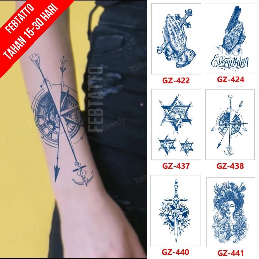 Tato Temporer Ukuran 18cm x 11cm Motif GZ 438 Panah Kompas Tato Lengan Tato Dada Tato Tangan Tato Ka